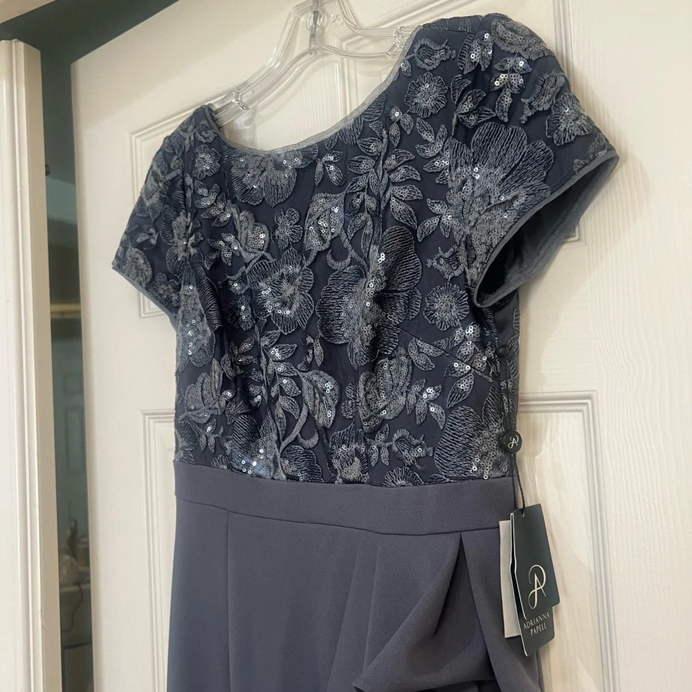 Adrianna Papell‎ Formal Dress Gown Gray Floral Embroidery  Ruffle Side Slit 2 - Picture 9 of 15